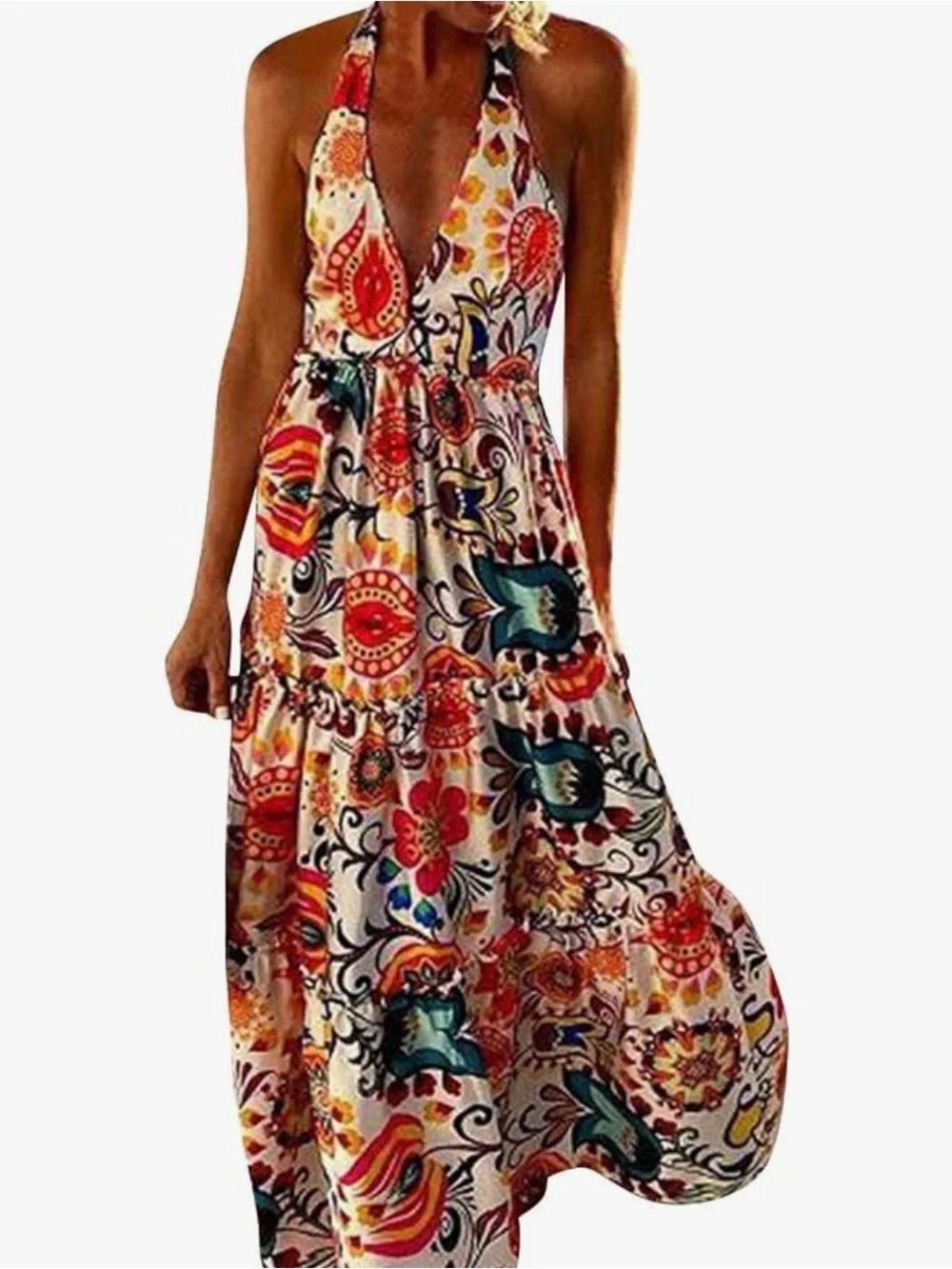 0177 Source Unknown White Halter Maxi Dress with Multicolor Floral Print - Picture 2 of 7